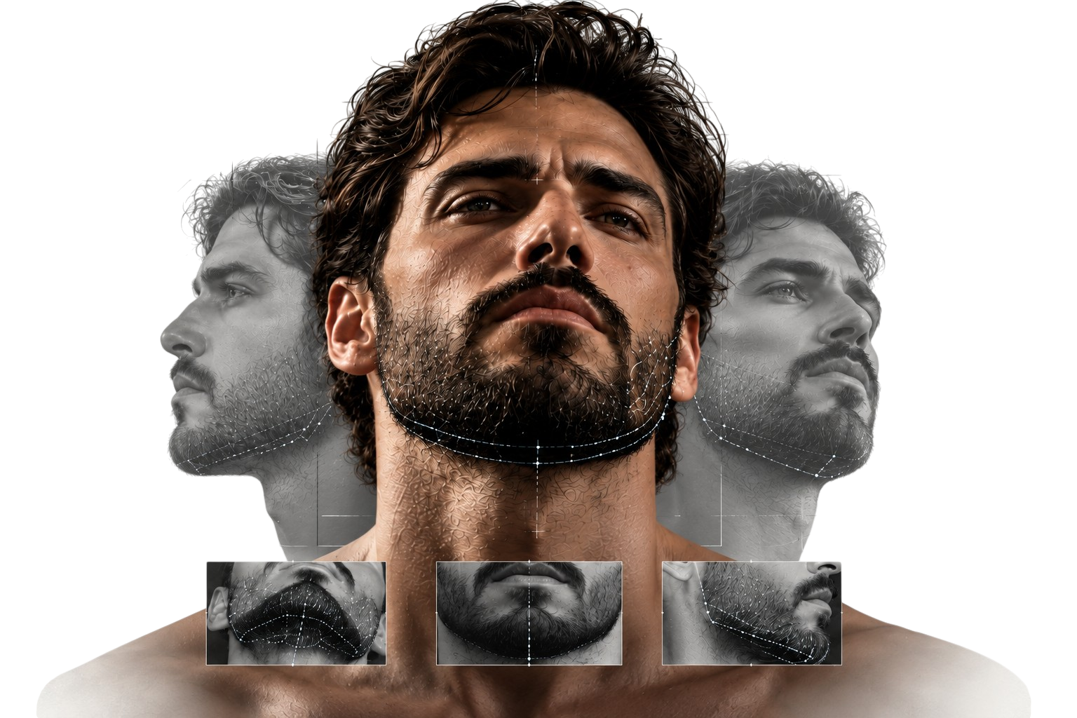 Evaluación del diseño de barba desde el frente y ambos perfiles