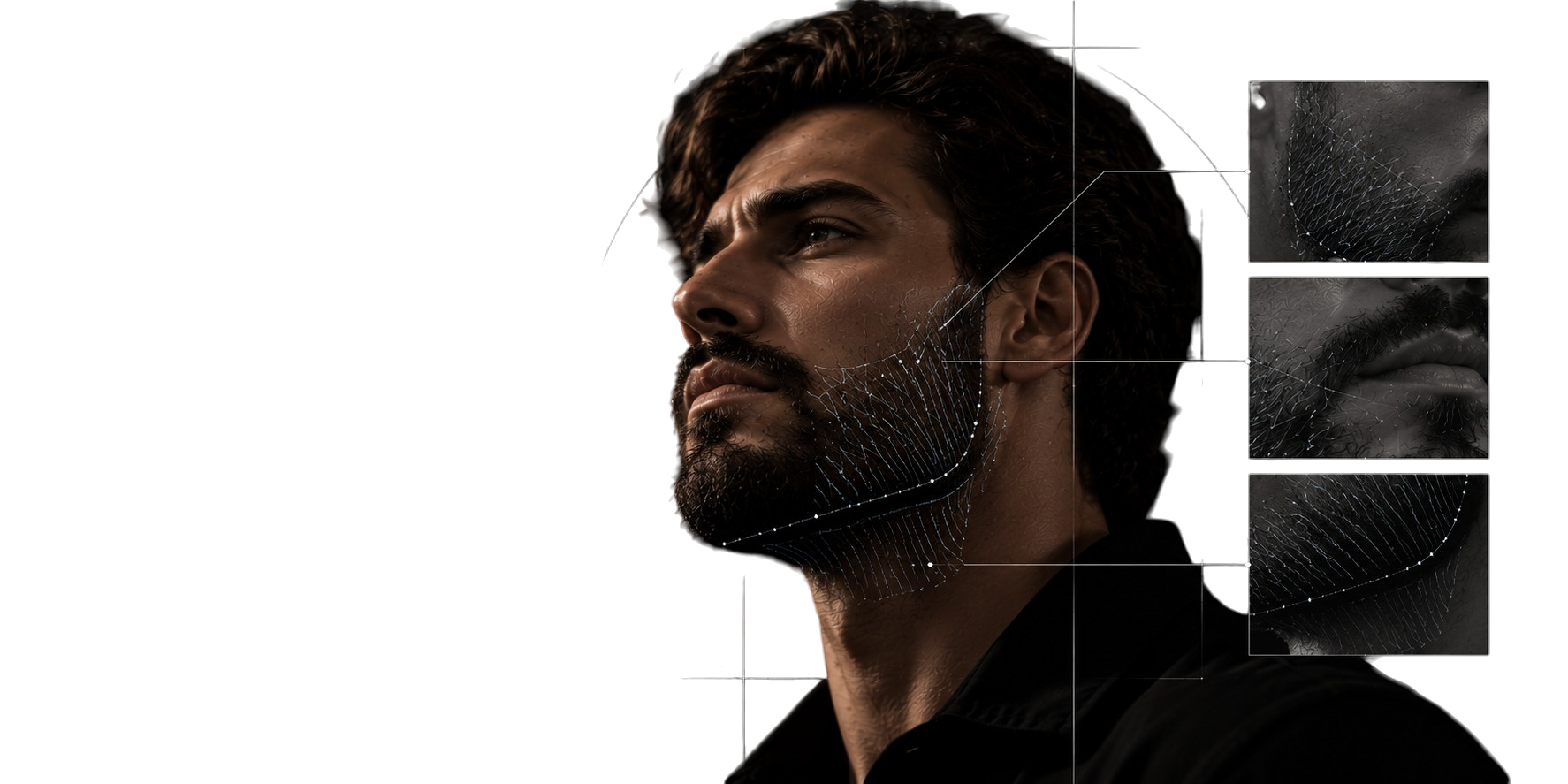 Diseño de barba de perfil con guías de dirección, distribución y tres detalles de implantación